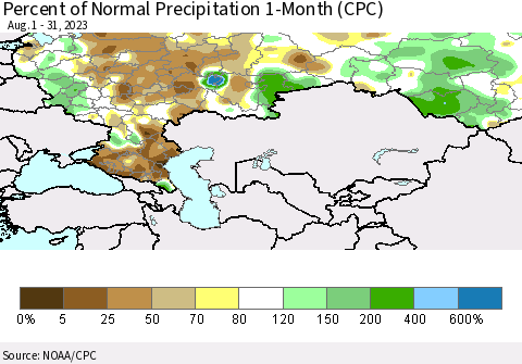 Russian Federation Percent of Normal Precipitation 1-Month (CPC) Thematic Map For 8/1/2023 - 8/31/2023