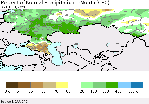 Russian Federation Percent of Normal Precipitation 1-Month (CPC) Thematic Map For 10/1/2023 - 10/31/2023