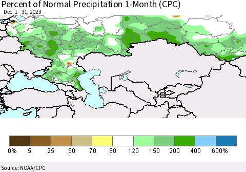 Russian Federation Percent of Normal Precipitation 1-Month (CPC) Thematic Map For 12/1/2023 - 12/31/2023