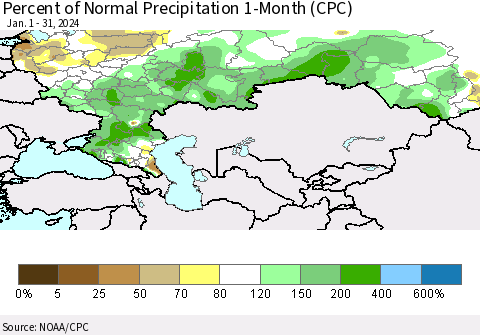 Russian Federation Percent of Normal Precipitation 1-Month (CPC) Thematic Map For 1/1/2024 - 1/31/2024