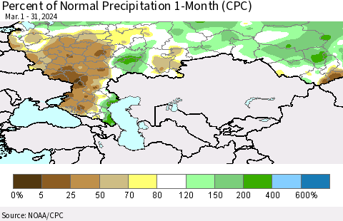 Russian Federation Percent of Normal Precipitation 1-Month (CPC) Thematic Map For 3/1/2024 - 3/31/2024