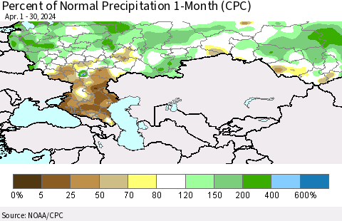 Russian Federation Percent of Normal Precipitation 1-Month (CPC) Thematic Map For 4/1/2024 - 4/30/2024
