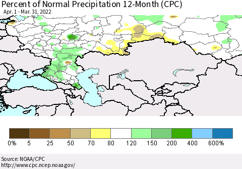 Russian Federation Percent of Normal Precipitation 12-Month (CPC) Thematic Map For 4/1/2021 - 3/31/2022