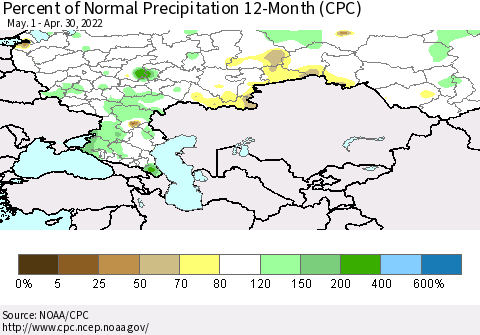 Russian Federation Percent of Normal Precipitation 12-Month (CPC) Thematic Map For 5/1/2021 - 4/30/2022