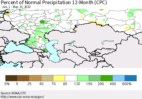 Russian Federation Percent of Normal Precipitation 12-Month (CPC) Thematic Map For 6/1/2021 - 5/31/2022