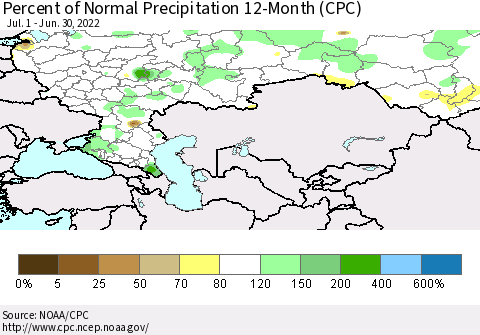 Russian Federation Percent of Normal Precipitation 12-Month (CPC) Thematic Map For 7/1/2021 - 6/30/2022