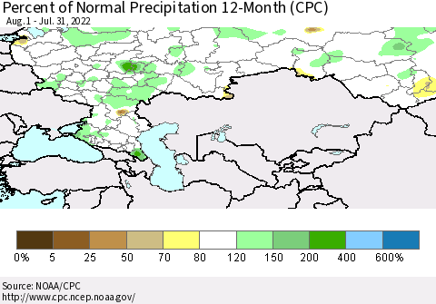 Russian Federation Percent of Normal Precipitation 12-Month (CPC) Thematic Map For 8/1/2021 - 7/31/2022