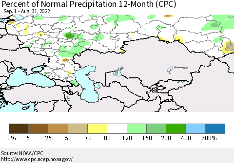 Russian Federation Percent of Normal Precipitation 12-Month (CPC) Thematic Map For 9/1/2021 - 8/31/2022