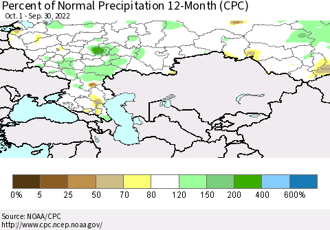 Russian Federation Percent of Normal Precipitation 12-Month (CPC) Thematic Map For 10/1/2021 - 9/30/2022