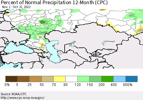Russian Federation Percent of Normal Precipitation 12-Month (CPC) Thematic Map For 11/1/2021 - 10/31/2022