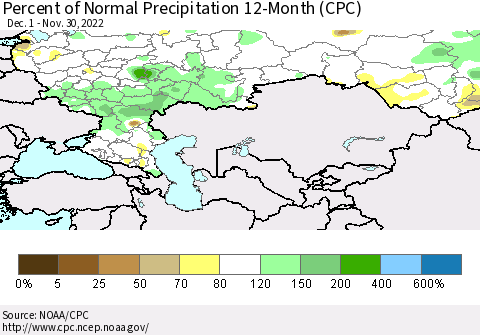 Russian Federation Percent of Normal Precipitation 12-Month (CPC) Thematic Map For 12/1/2021 - 11/30/2022