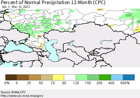 Russian Federation Percent of Normal Precipitation 12-Month (CPC) Thematic Map For 4/1/2022 - 3/31/2023