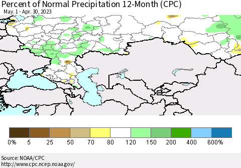 Russian Federation Percent of Normal Precipitation 12-Month (CPC) Thematic Map For 5/1/2022 - 4/30/2023