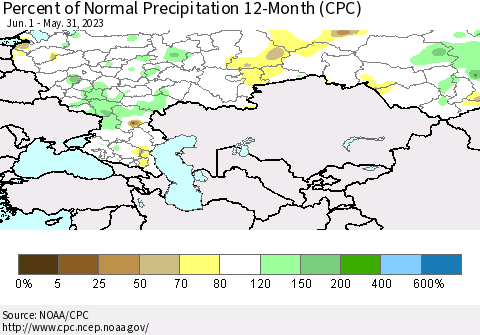 Russian Federation Percent of Normal Precipitation 12-Month (CPC) Thematic Map For 6/1/2022 - 5/31/2023