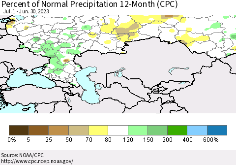Russian Federation Percent of Normal Precipitation 12-Month (CPC) Thematic Map For 7/1/2022 - 6/30/2023