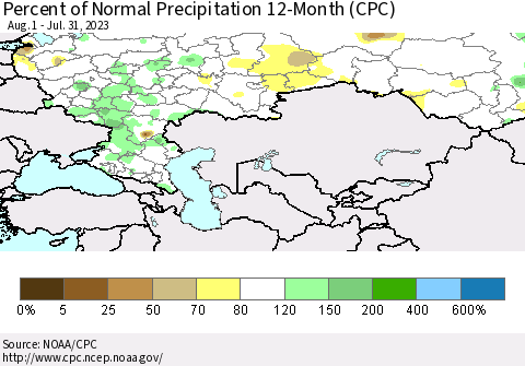 Russian Federation Percent of Normal Precipitation 12-Month (CPC) Thematic Map For 8/1/2022 - 7/31/2023