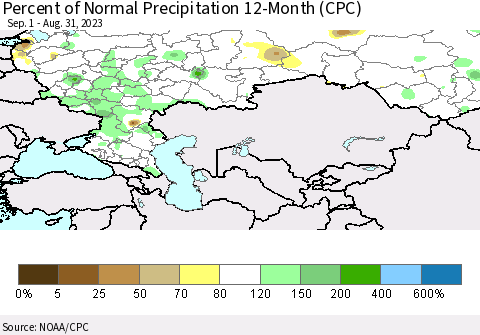 Russian Federation Percent of Normal Precipitation 12-Month (CPC) Thematic Map For 9/1/2022 - 8/31/2023