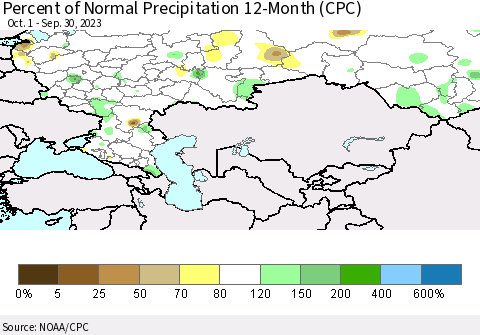 Russian Federation Percent of Normal Precipitation 12-Month (CPC) Thematic Map For 10/1/2022 - 9/30/2023