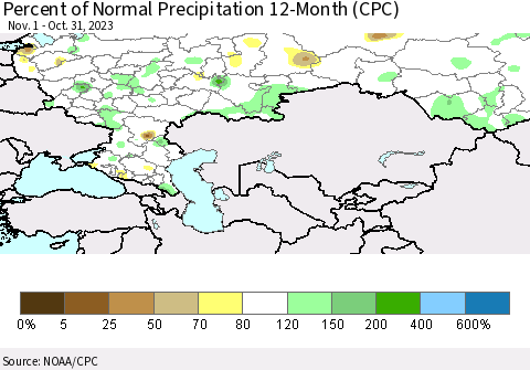 Russian Federation Percent of Normal Precipitation 12-Month (CPC) Thematic Map For 11/1/2022 - 10/31/2023