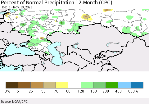 Russian Federation Percent of Normal Precipitation 12-Month (CPC) Thematic Map For 12/1/2022 - 11/30/2023