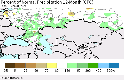 Russian Federation Percent of Normal Precipitation 12-Month (CPC) Thematic Map For 4/1/2023 - 3/31/2024