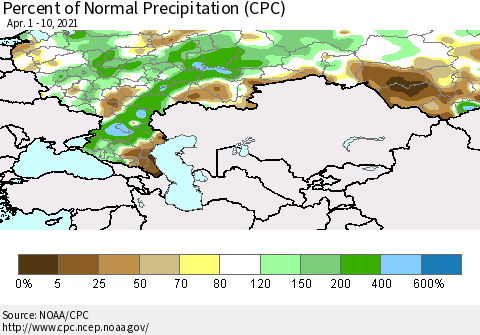 Russian Federation Percent of Normal Precipitation (CPC) Thematic Map For 4/1/2021 - 4/10/2021