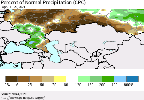 Russian Federation Percent of Normal Precipitation (CPC) Thematic Map For 4/11/2021 - 4/20/2021