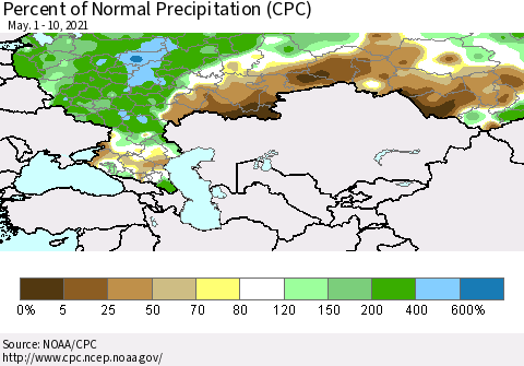 Russian Federation Percent of Normal Precipitation (CPC) Thematic Map For 5/1/2021 - 5/10/2021