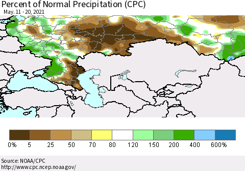 Russian Federation Percent of Normal Precipitation (CPC) Thematic Map For 5/11/2021 - 5/20/2021
