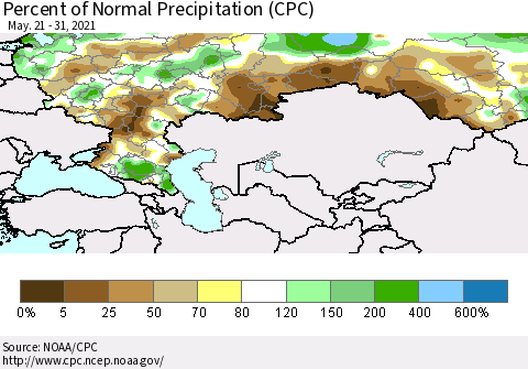 Russian Federation Percent of Normal Precipitation (CPC) Thematic Map For 5/21/2021 - 5/31/2021