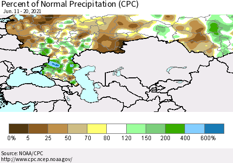 Russian Federation Percent of Normal Precipitation (CPC) Thematic Map For 6/11/2021 - 6/20/2021