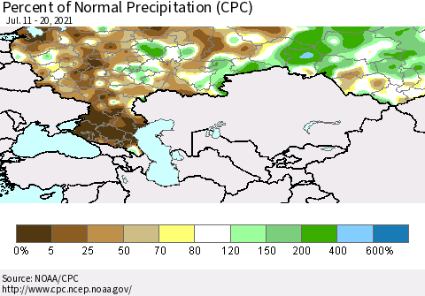 Russian Federation Percent of Normal Precipitation (CPC) Thematic Map For 7/11/2021 - 7/20/2021