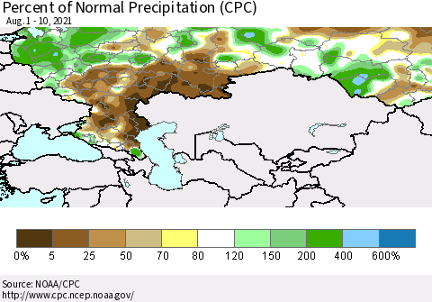 Russian Federation Percent of Normal Precipitation (CPC) Thematic Map For 8/1/2021 - 8/10/2021