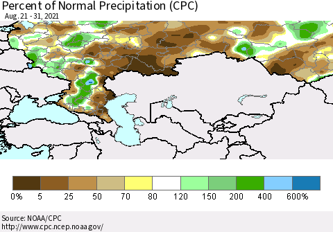 Russian Federation Percent of Normal Precipitation (CPC) Thematic Map For 8/21/2021 - 8/31/2021