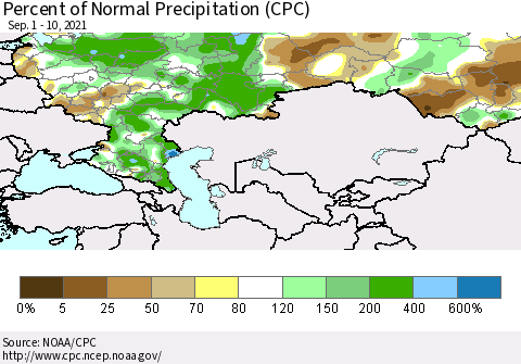 Russian Federation Percent of Normal Precipitation (CPC) Thematic Map For 9/1/2021 - 9/10/2021
