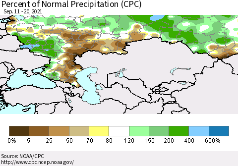 Russian Federation Percent of Normal Precipitation (CPC) Thematic Map For 9/11/2021 - 9/20/2021