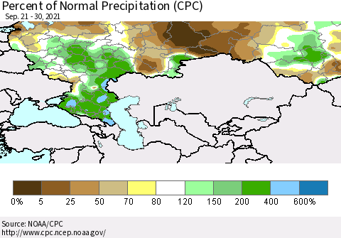 Russian Federation Percent of Normal Precipitation (CPC) Thematic Map For 9/21/2021 - 9/30/2021