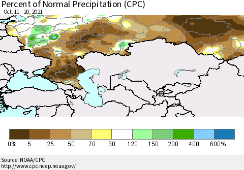 Russian Federation Percent of Normal Precipitation (CPC) Thematic Map For 10/11/2021 - 10/20/2021