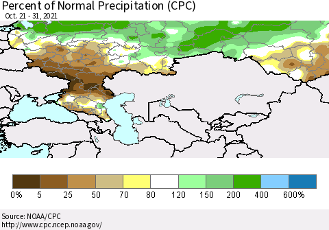 Russian Federation Percent of Normal Precipitation (CPC) Thematic Map For 10/21/2021 - 10/31/2021
