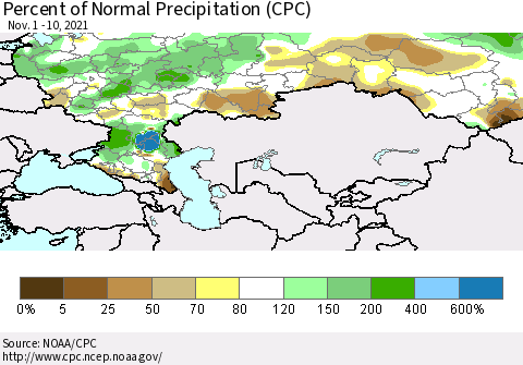 Russian Federation Percent of Normal Precipitation (CPC) Thematic Map For 11/1/2021 - 11/10/2021