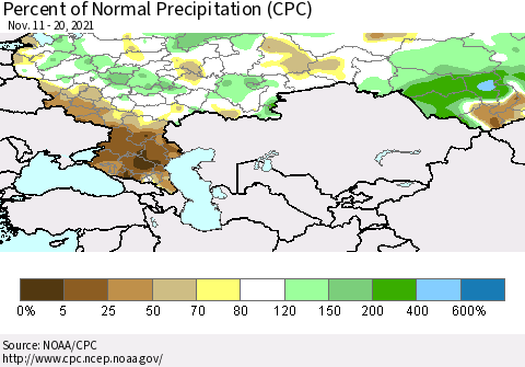 Russian Federation Percent of Normal Precipitation (CPC) Thematic Map For 11/11/2021 - 11/20/2021