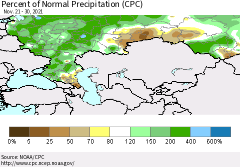 Russian Federation Percent of Normal Precipitation (CPC) Thematic Map For 11/21/2021 - 11/30/2021