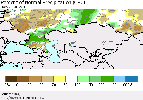 Russian Federation Percent of Normal Precipitation (CPC) Thematic Map For 12/21/2021 - 12/31/2021