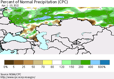 Russian Federation Percent of Normal Precipitation (CPC) Thematic Map For 4/1/2022 - 4/10/2022