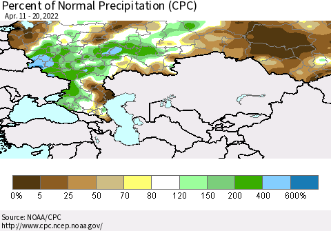 Russian Federation Percent of Normal Precipitation (CPC) Thematic Map For 4/11/2022 - 4/20/2022