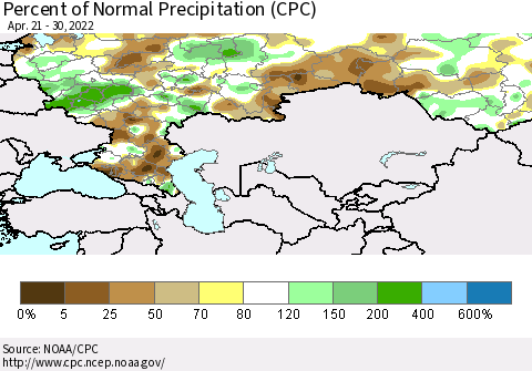Russian Federation Percent of Normal Precipitation (CPC) Thematic Map For 4/21/2022 - 4/30/2022