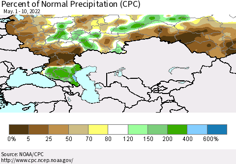Russian Federation Percent of Normal Precipitation (CPC) Thematic Map For 5/1/2022 - 5/10/2022