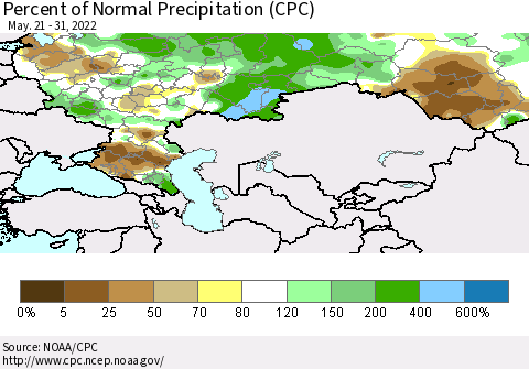 Russian Federation Percent of Normal Precipitation (CPC) Thematic Map For 5/21/2022 - 5/31/2022