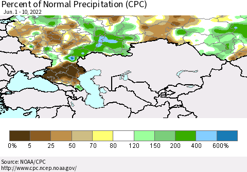 Russian Federation Percent of Normal Precipitation (CPC) Thematic Map For 6/1/2022 - 6/10/2022