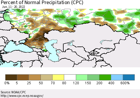 Russian Federation Percent of Normal Precipitation (CPC) Thematic Map For 6/11/2022 - 6/20/2022